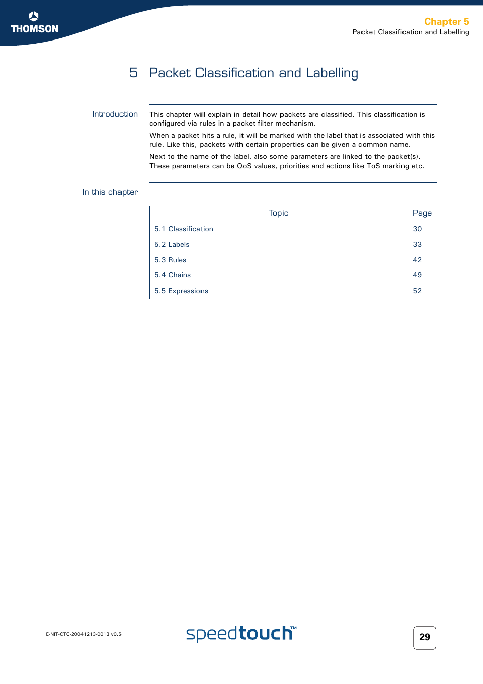 5 packet classification and labelling, Introduction, In this chapter | Packet classification and labelling, Chapter 5 | RCA THOMSON SpeedTouchTM (Wireless) Business DSL Router User Manual | Page 31 / 124