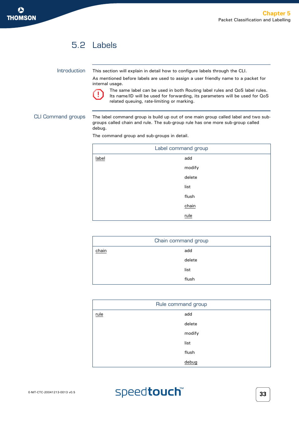 2 labels, Introduction, Cli command groups | Labels, 2 labels 33, Chapter 5 | RCA THOMSON SpeedTouchTM (Wireless) Business DSL Router User Manual | Page 35 / 124