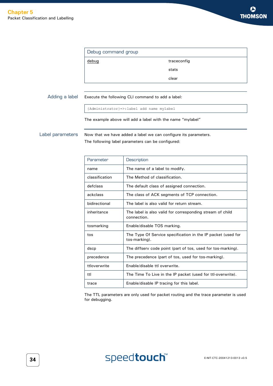 Adding a label, Label parameters, Chapter 5 | RCA THOMSON SpeedTouchTM (Wireless) Business DSL Router User Manual | Page 36 / 124