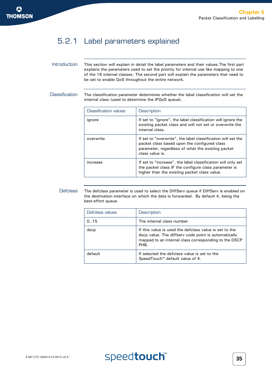 1 label parameters explained, Introduction, Classification | Defclass, Label parameters explained, Chapter 5 | RCA THOMSON SpeedTouchTM (Wireless) Business DSL Router User Manual | Page 37 / 124