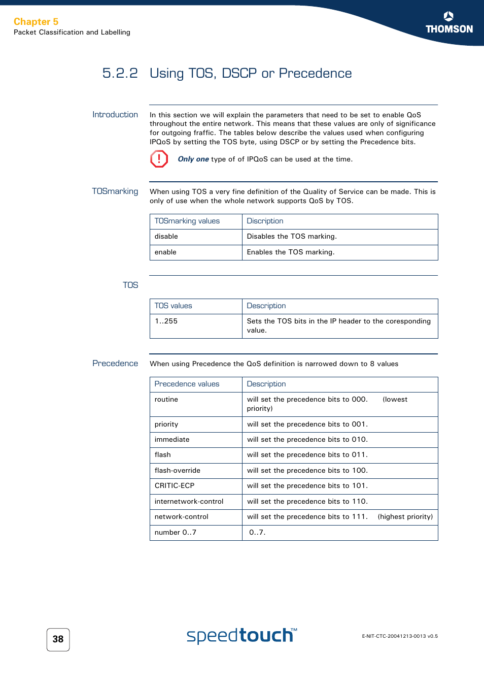 2 using tos, dscp or precedence, Introduction, Tosmarking | Precedence, Using tos, dscp or precedence, Chapter 5 | RCA THOMSON SpeedTouchTM (Wireless) Business DSL Router User Manual | Page 40 / 124