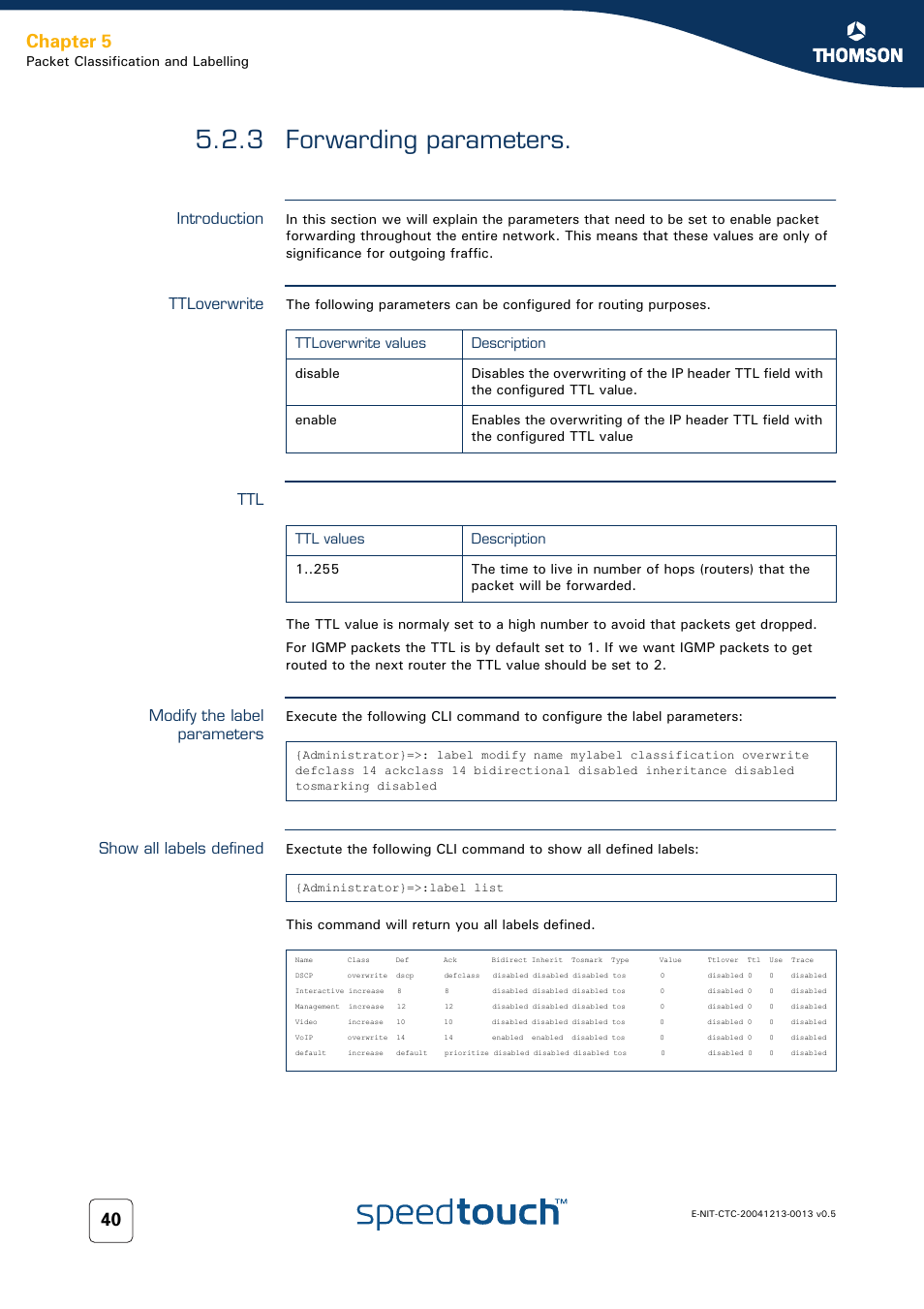 3 forwarding parameters, Introduction, Ttloverwrite | Modify the label parameters, Show all labels defined, Forwarding parameters, Chapter 5 | RCA THOMSON SpeedTouchTM (Wireless) Business DSL Router User Manual | Page 42 / 124