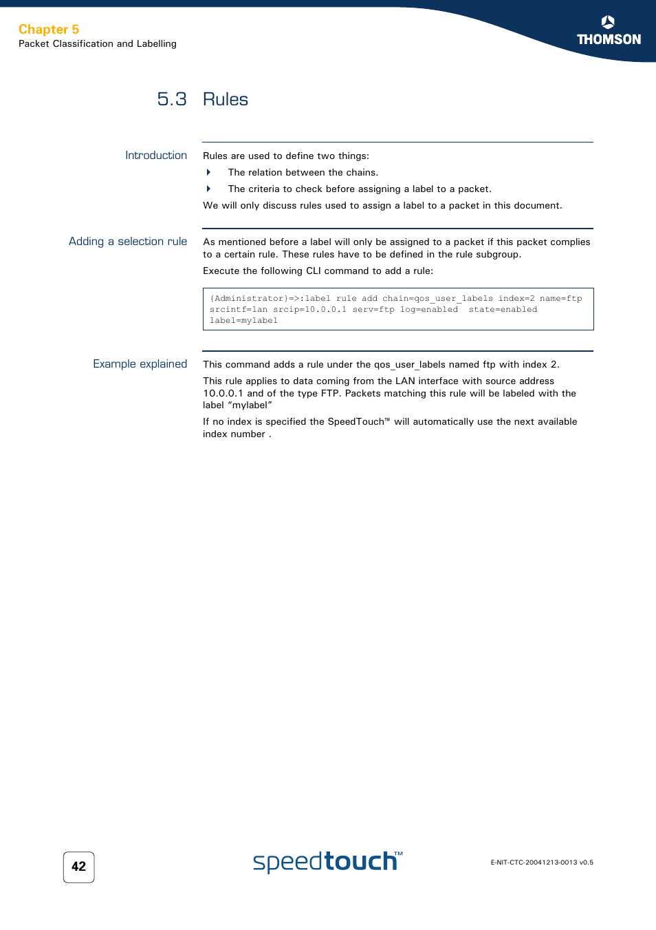 3 rules, Introduction, Adding a selection rule | Example explained, Rules, 3 rules 42, Chapter 5 | RCA THOMSON SpeedTouchTM (Wireless) Business DSL Router User Manual | Page 44 / 124