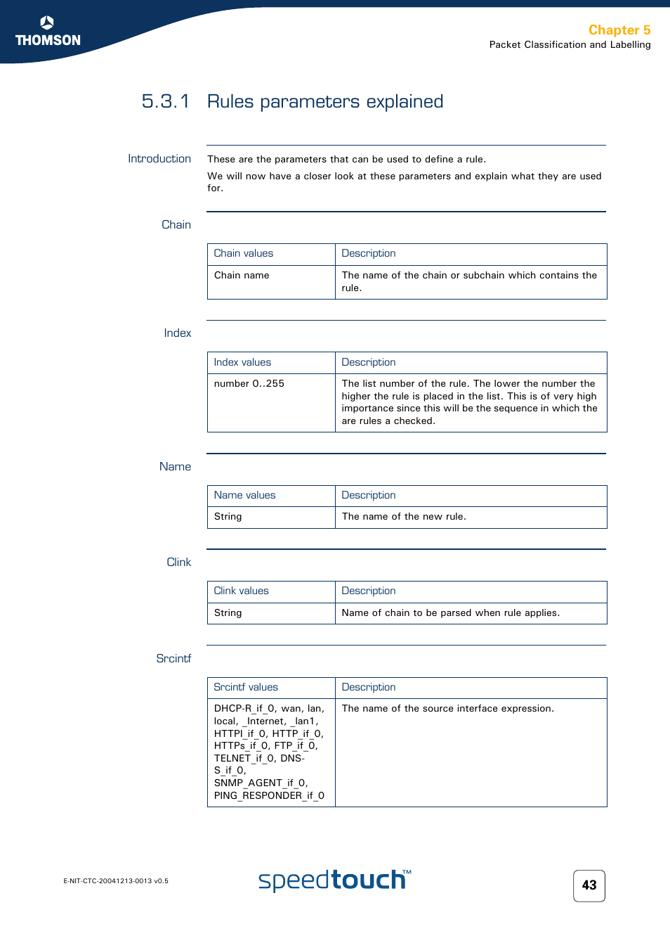 1 rules parameters explained, Introduction, Chain | Index, Name, Clink, Srcintf, Rules parameters explained, Chapter 5 | RCA THOMSON SpeedTouchTM (Wireless) Business DSL Router User Manual | Page 45 / 124