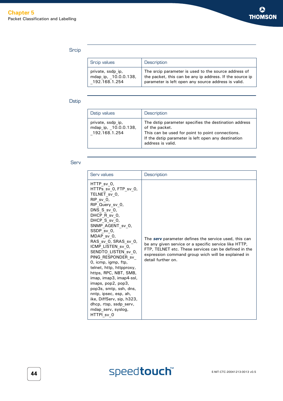 Srcip, Dstip, Serv | Chapter 5 | RCA THOMSON SpeedTouchTM (Wireless) Business DSL Router User Manual | Page 46 / 124