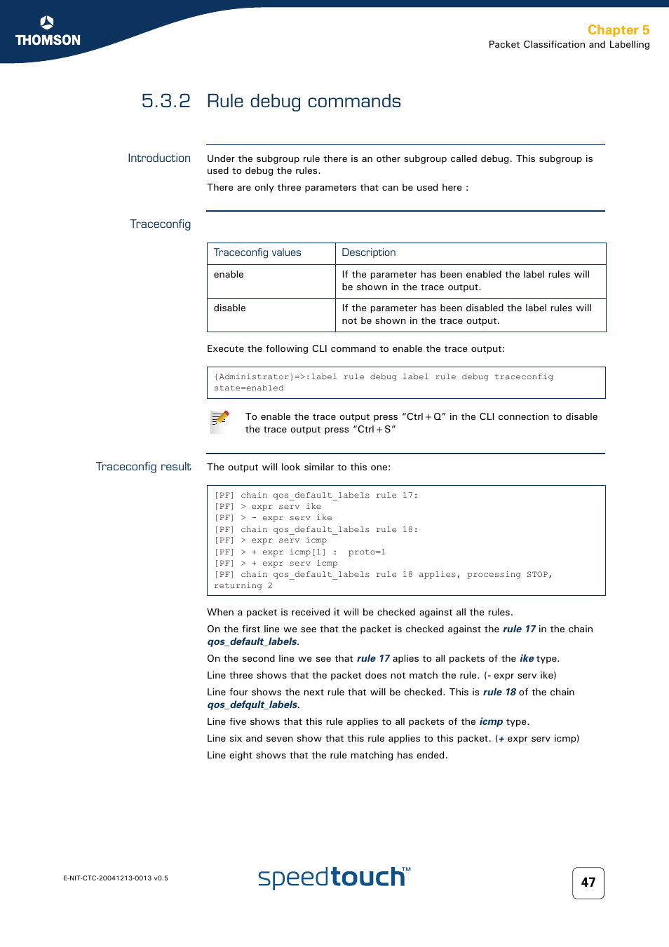 2 rule debug commands, Introduction, Traceconfig | Traceconfig result, Rule debug commands, Chapter 5 | RCA THOMSON SpeedTouchTM (Wireless) Business DSL Router User Manual | Page 49 / 124