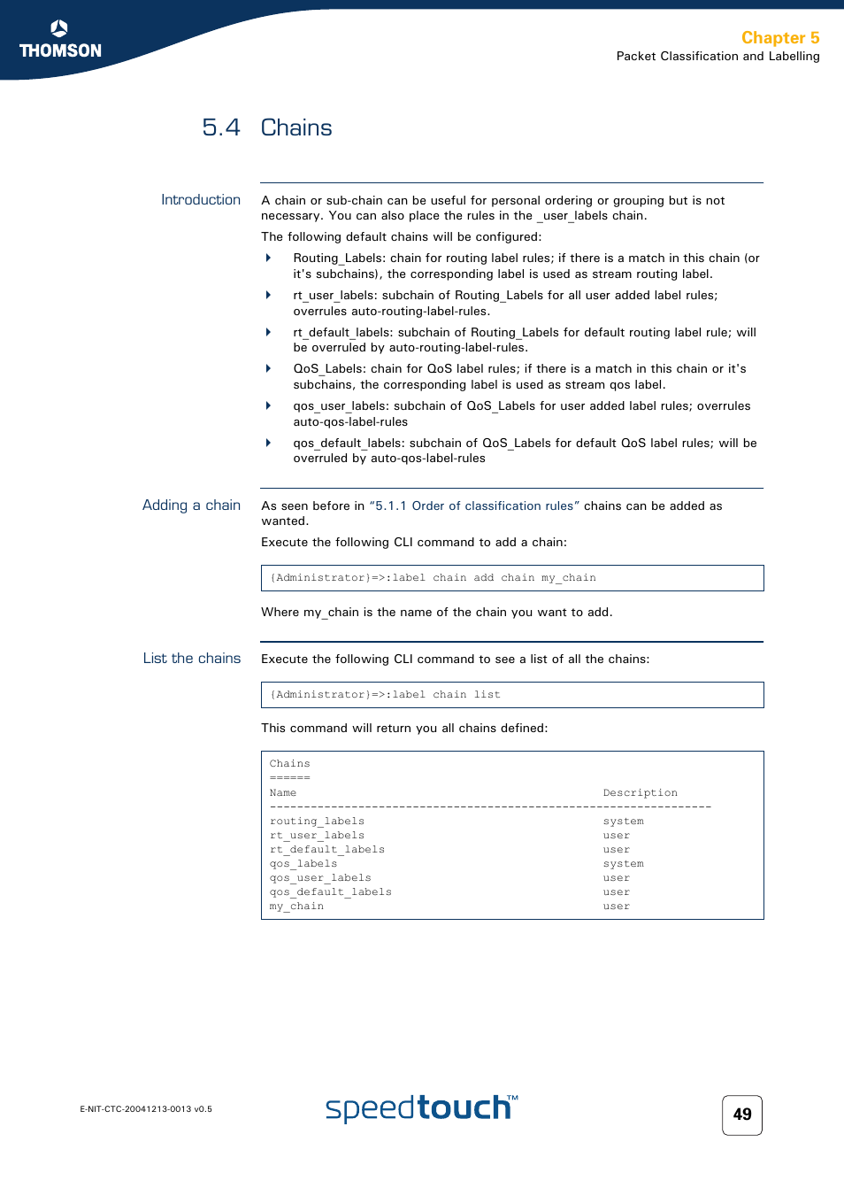 4 chains, Introduction, Adding a chain | List the chains, Chains, 4 chains 49, Chapter 5 | RCA THOMSON SpeedTouchTM (Wireless) Business DSL Router User Manual | Page 51 / 124