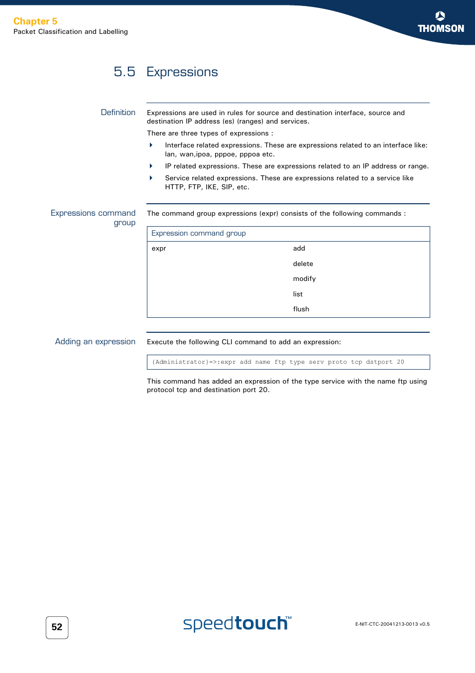 5 expressions, Definition, Expressions command group | Adding an expression, Expressions, 5 expressions 52, Chapter 5 | RCA THOMSON SpeedTouchTM (Wireless) Business DSL Router User Manual | Page 54 / 124