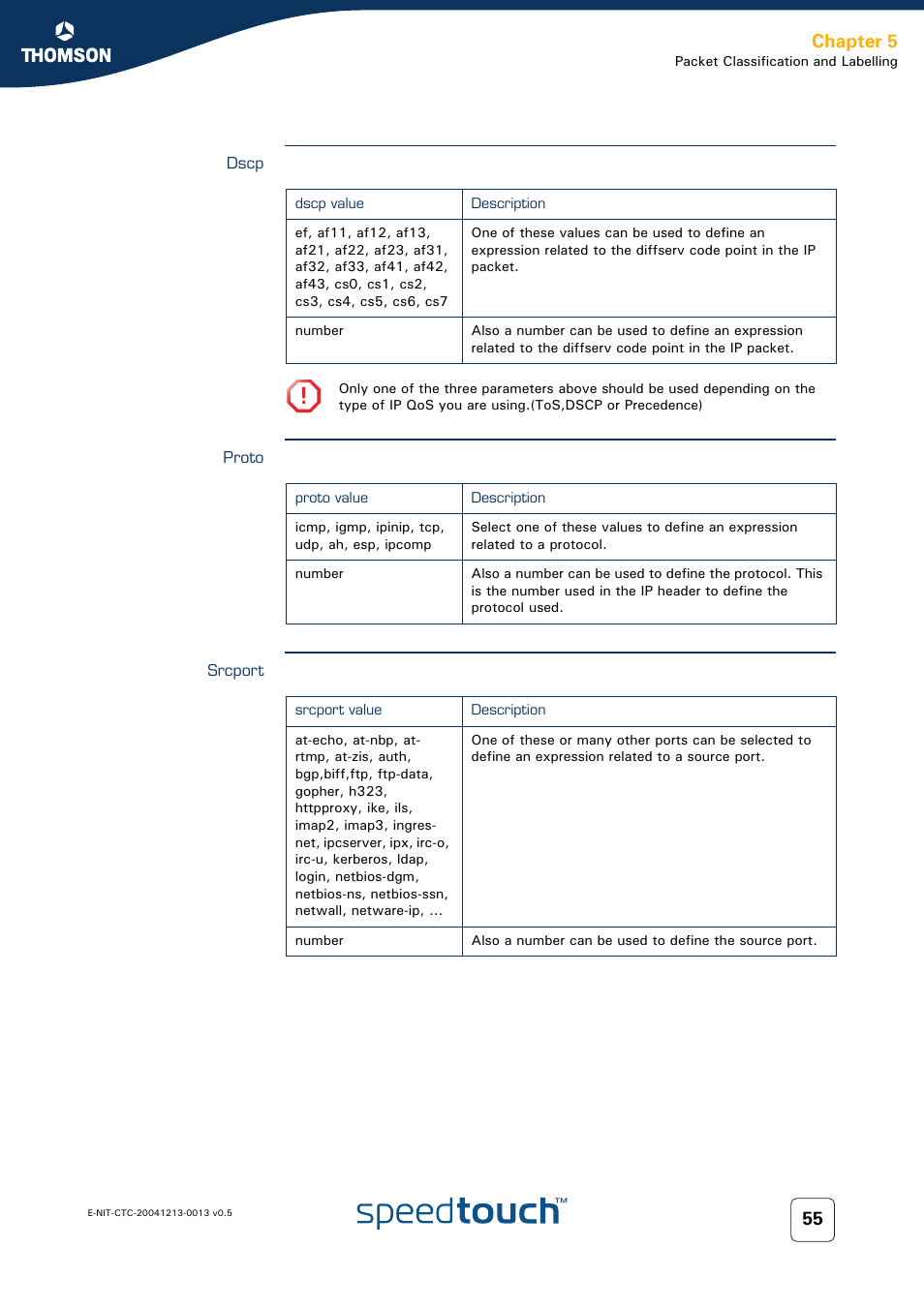 Dscp, Proto, Srcport | Chapter 5 | RCA THOMSON SpeedTouchTM (Wireless) Business DSL Router User Manual | Page 57 / 124