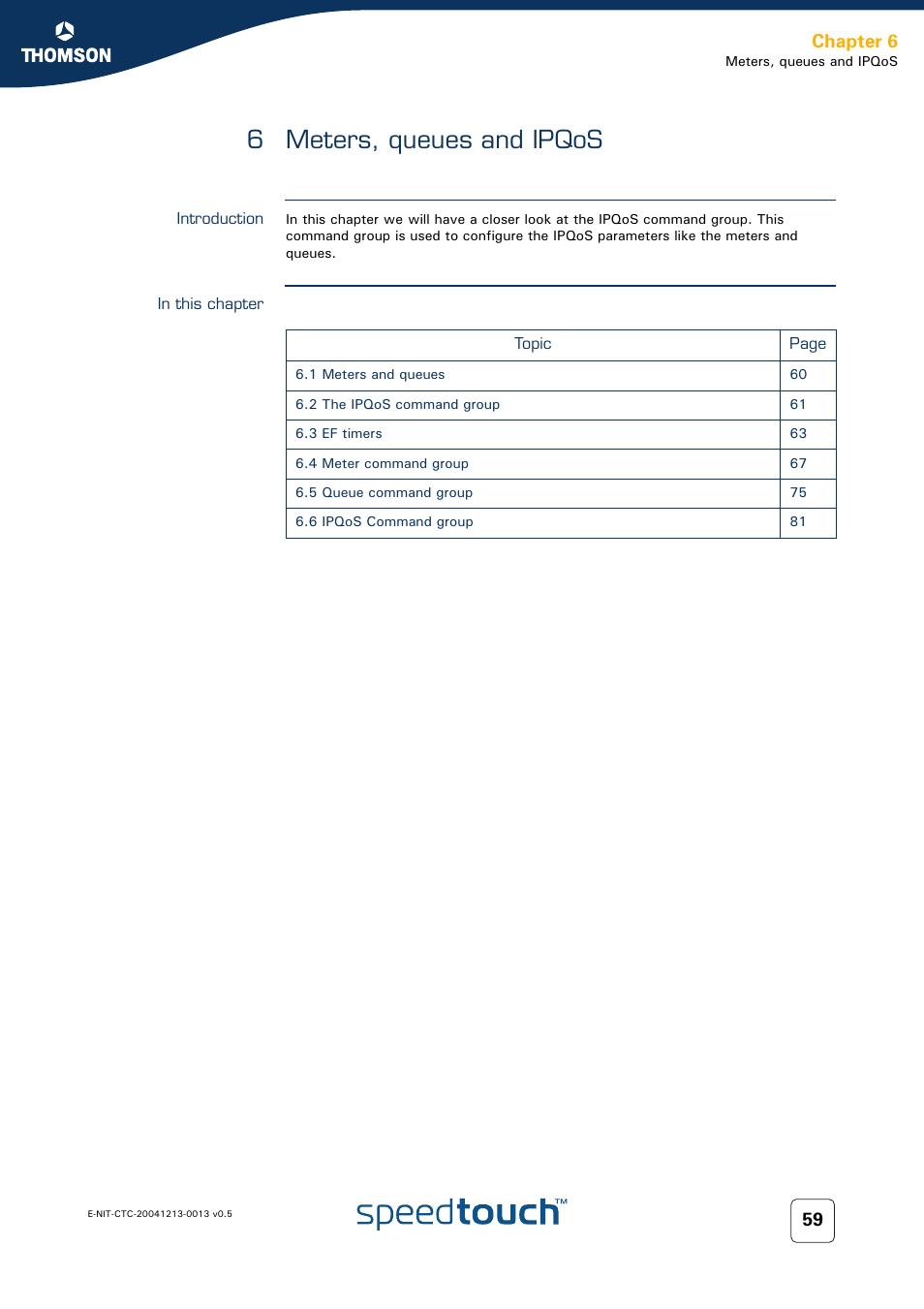 6 meters, queues and ipqos, Introduction, In this chapter | Meters, queues and ipqos, Chapter 6 | RCA THOMSON SpeedTouchTM (Wireless) Business DSL Router User Manual | Page 61 / 124