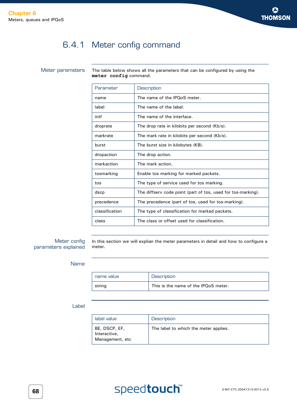 1 meter config command, Meter parameters, Meter config parameters explained | Name, Label, Meter config command, Chapter 6 | RCA THOMSON SpeedTouchTM (Wireless) Business DSL Router User Manual | Page 70 / 124