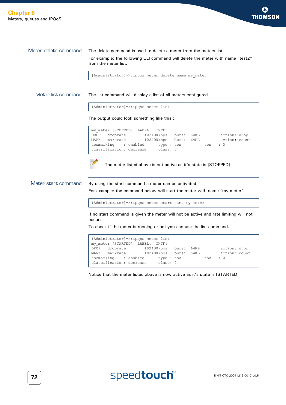 Meter delete command, Meter list command, Meter start command | Chapter 6 | RCA THOMSON SpeedTouchTM (Wireless) Business DSL Router User Manual | Page 74 / 124