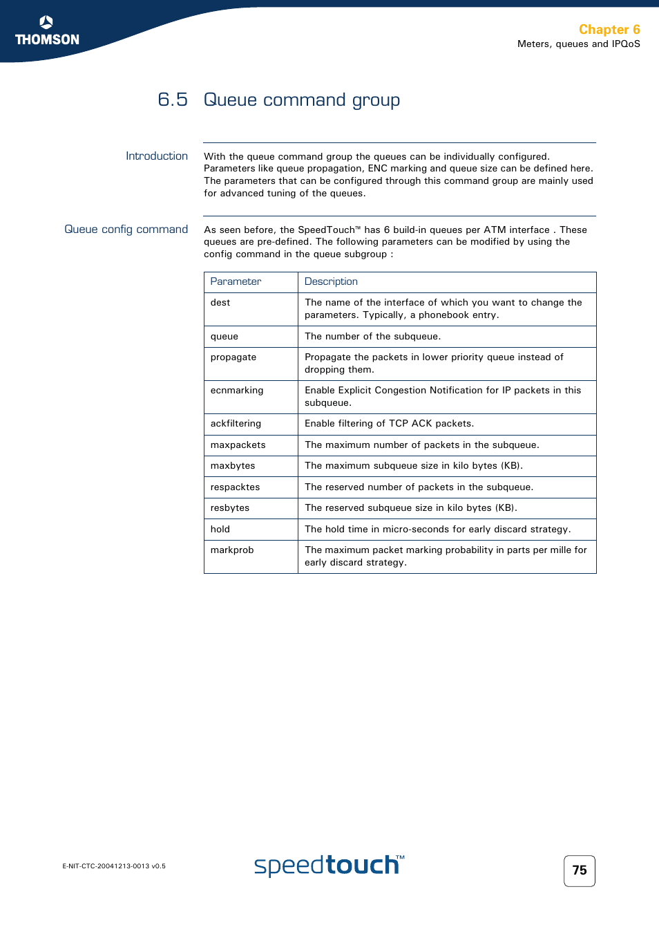 5 queue command group, Introduction, Queue config command | Queue command group, Chapter 6 | RCA THOMSON SpeedTouchTM (Wireless) Business DSL Router User Manual | Page 77 / 124