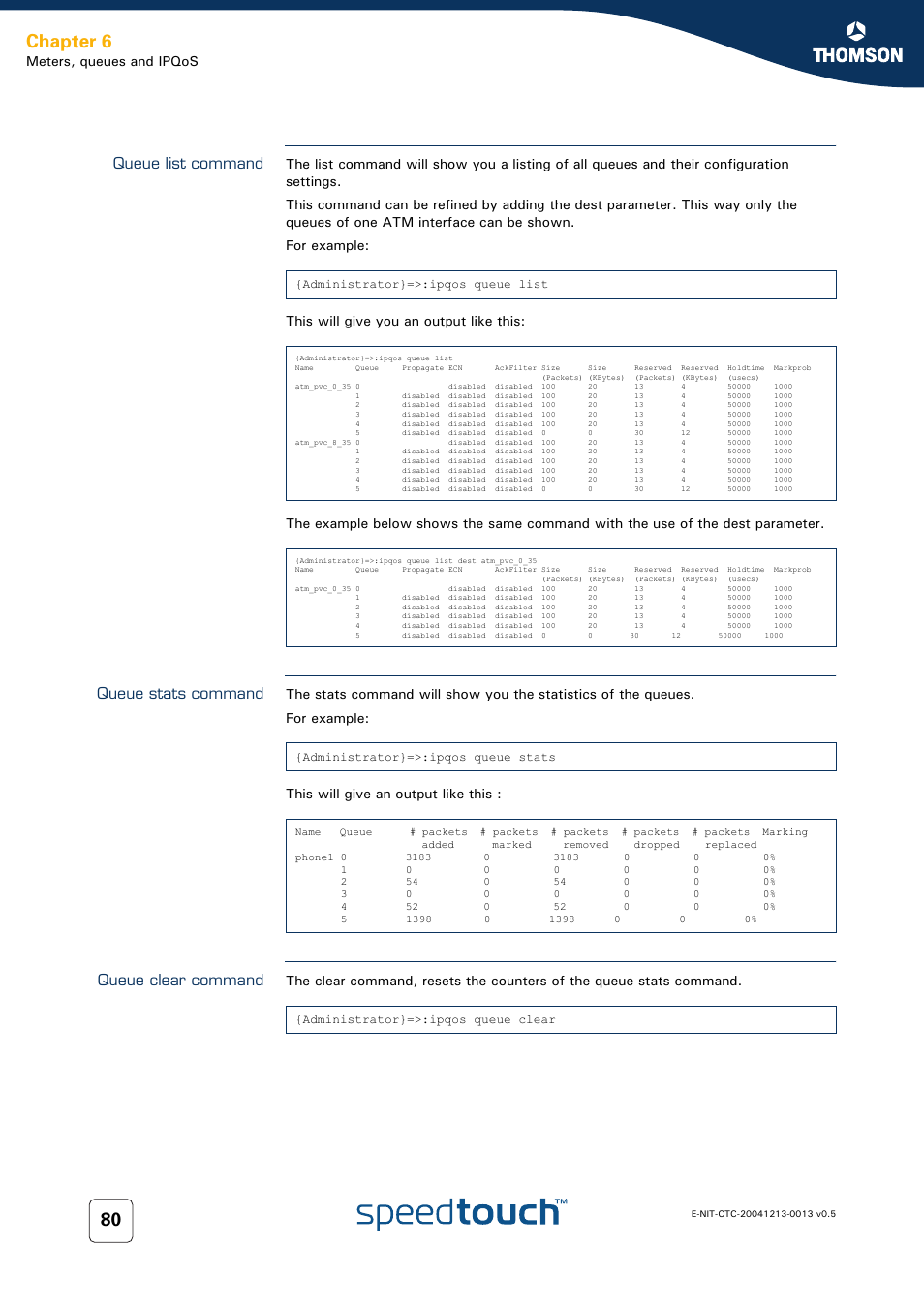 Queue list command, Queue stats command, Queue clear command | Chapter 6 | RCA THOMSON SpeedTouchTM (Wireless) Business DSL Router User Manual | Page 82 / 124