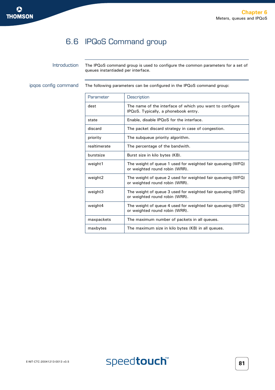 6 ipqos command group, Introduction, Ipqos config command | Ipqos command group, Chapter 6 | RCA THOMSON SpeedTouchTM (Wireless) Business DSL Router User Manual | Page 83 / 124