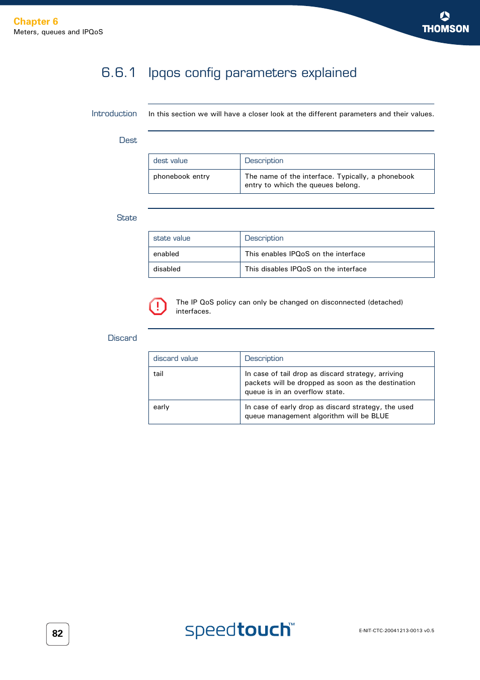 1 ipqos config parameters explained, Introduction, Dest | State, Discard, Ipqos config parameters explained, Chapter 6 | RCA THOMSON SpeedTouchTM (Wireless) Business DSL Router User Manual | Page 84 / 124