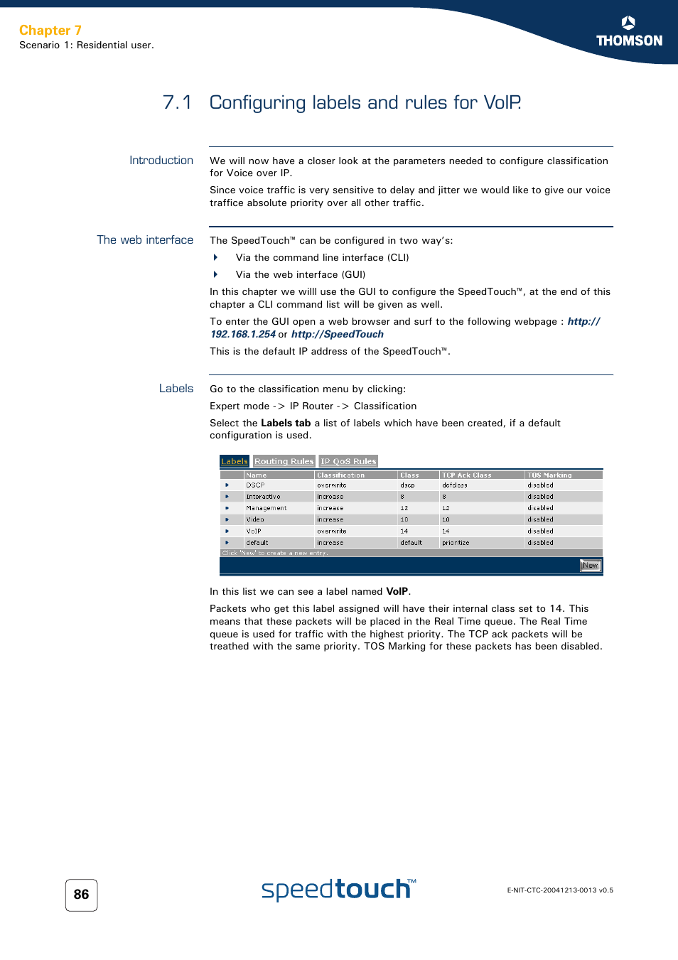 1 configuring labels and rules for voip, Introduction, The web interface | Labels, Configuring labels and rules for voip, Chapter 7 | RCA THOMSON SpeedTouchTM (Wireless) Business DSL Router User Manual | Page 88 / 124