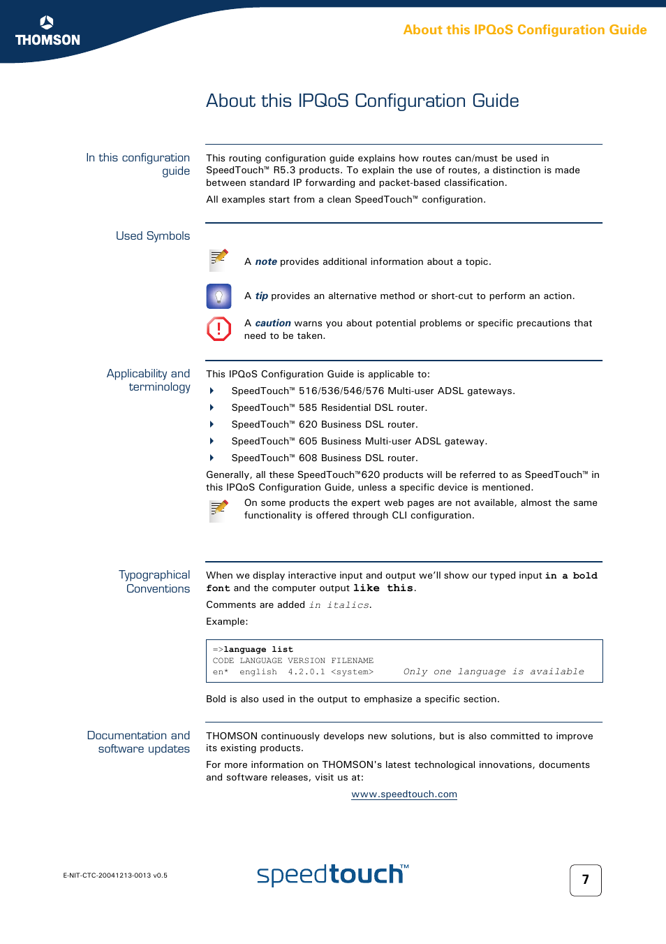 In this configuration guide, Used symbols, Applicability and terminology | Typographical conventions, Documentation and software updates, About this ipqos configuration guide | RCA THOMSON SpeedTouchTM (Wireless) Business DSL Router User Manual | Page 9 / 124