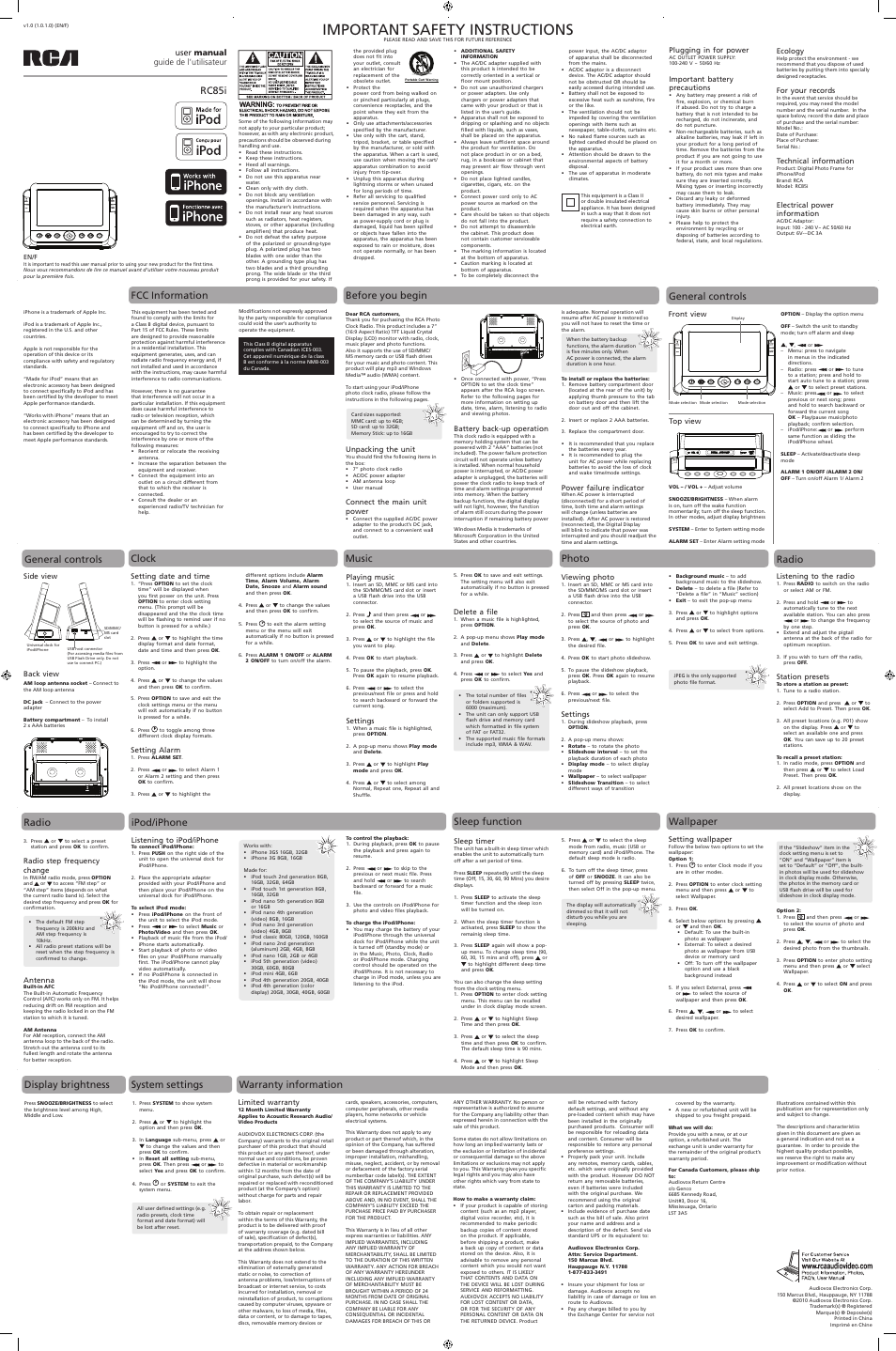 RCA RC85I User Manual | 1 page