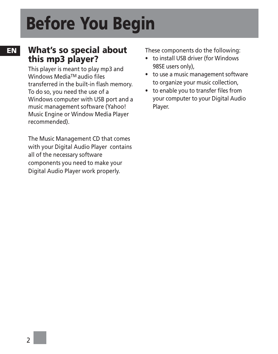 Before you begin, What’s so special about this mp3 player | RCA TC1501FM User Manual | Page 38 / 48