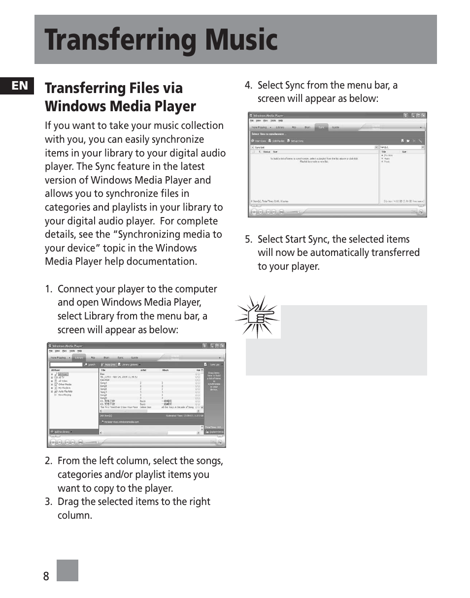 Transferring music, Transferring files via windows media player | RCA TC1501FM User Manual | Page 44 / 48