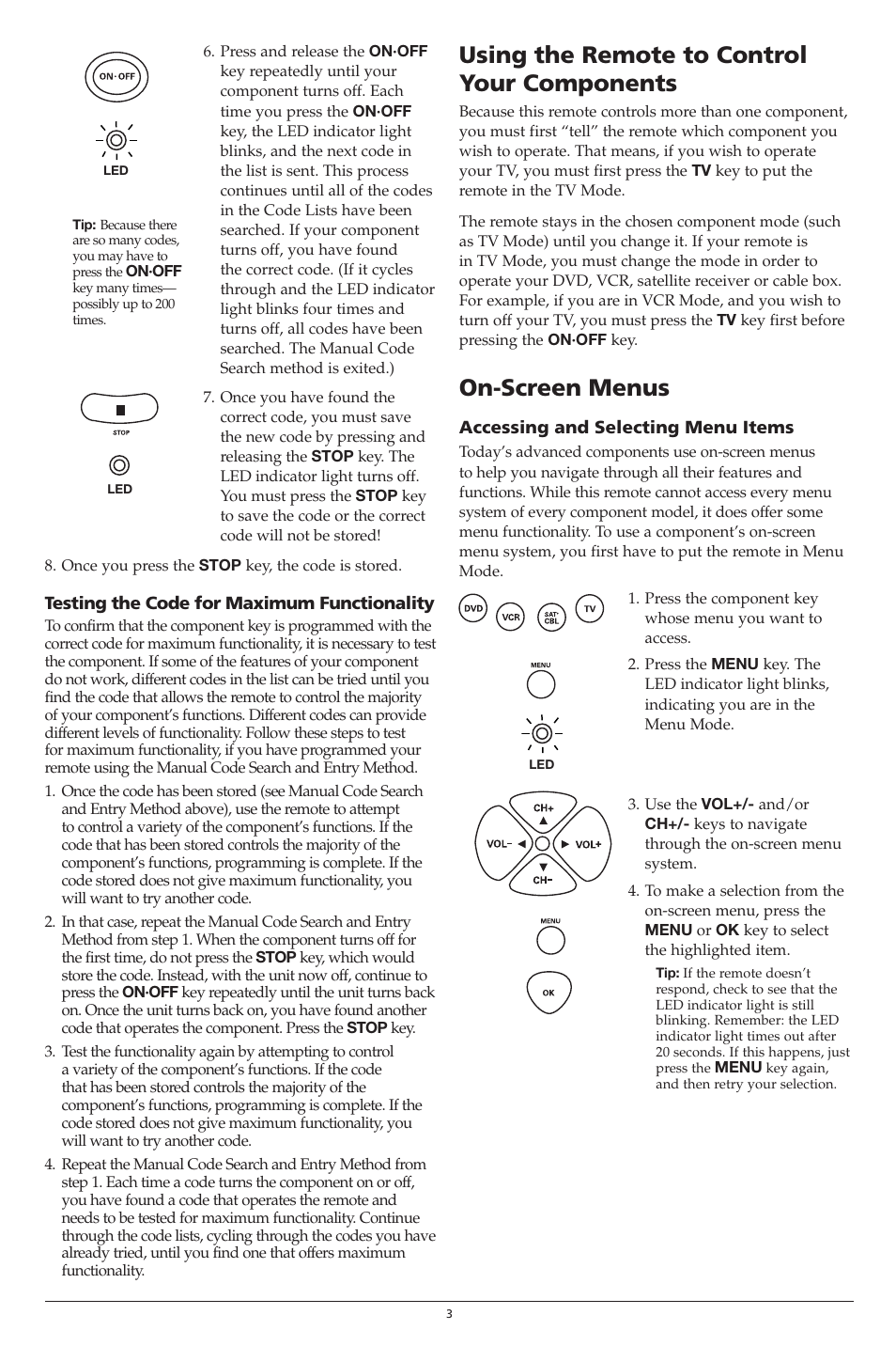 Using the remote to control your components, On-screen menus | RCA RCR451 User Manual | Page 3 / 4