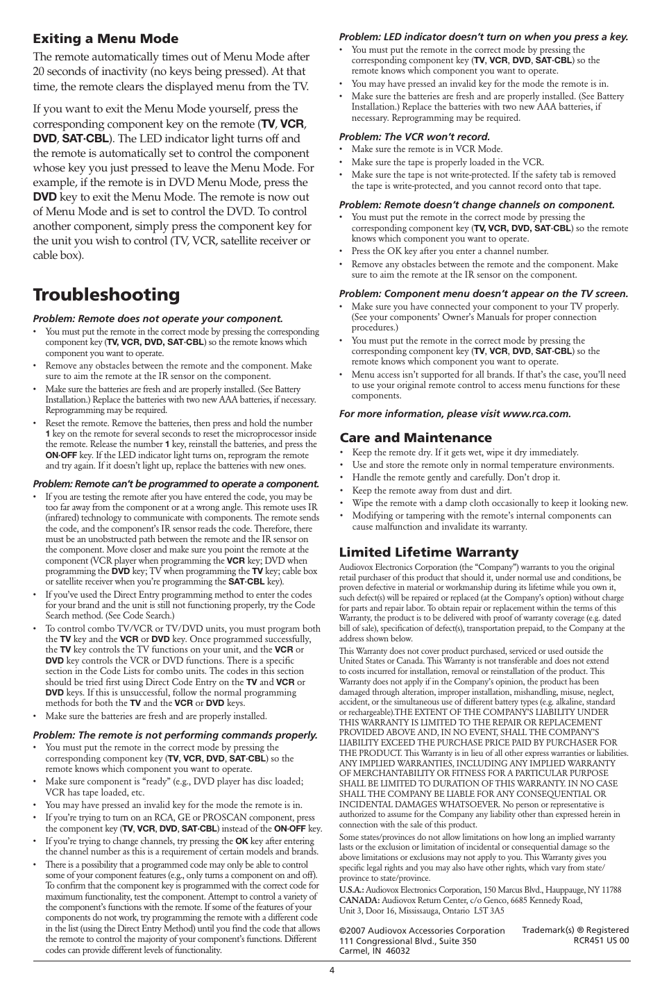 Troubleshooting, Exiting a menu mode, Care and maintenance | Limited lifetime warranty | RCA RCR451 User Manual | Page 4 / 4