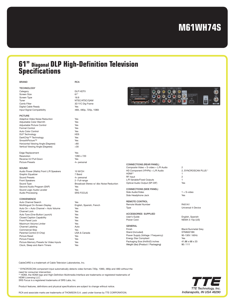 M61wh74s, Dlp high-definition television specifications, Diagonal | RCA M61WH74S User Manual | Page 2 / 2