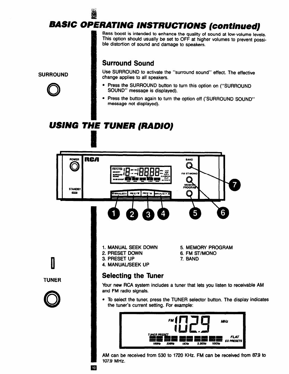 Surround sound, Using the tuner (radio), Selecting the tuner | N to, Luc.j, Basic opebating instructions (eontlnued) | RCA RP-9753 User Manual | Page 10 / 32