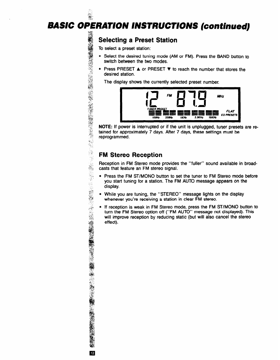 Selecting a preset station, Fm stereo reception, Selecting a preset station fm stereo reception | C d ( . j, Basic operation instructions (continued) | RCA RP-9753 User Manual | Page 12 / 32