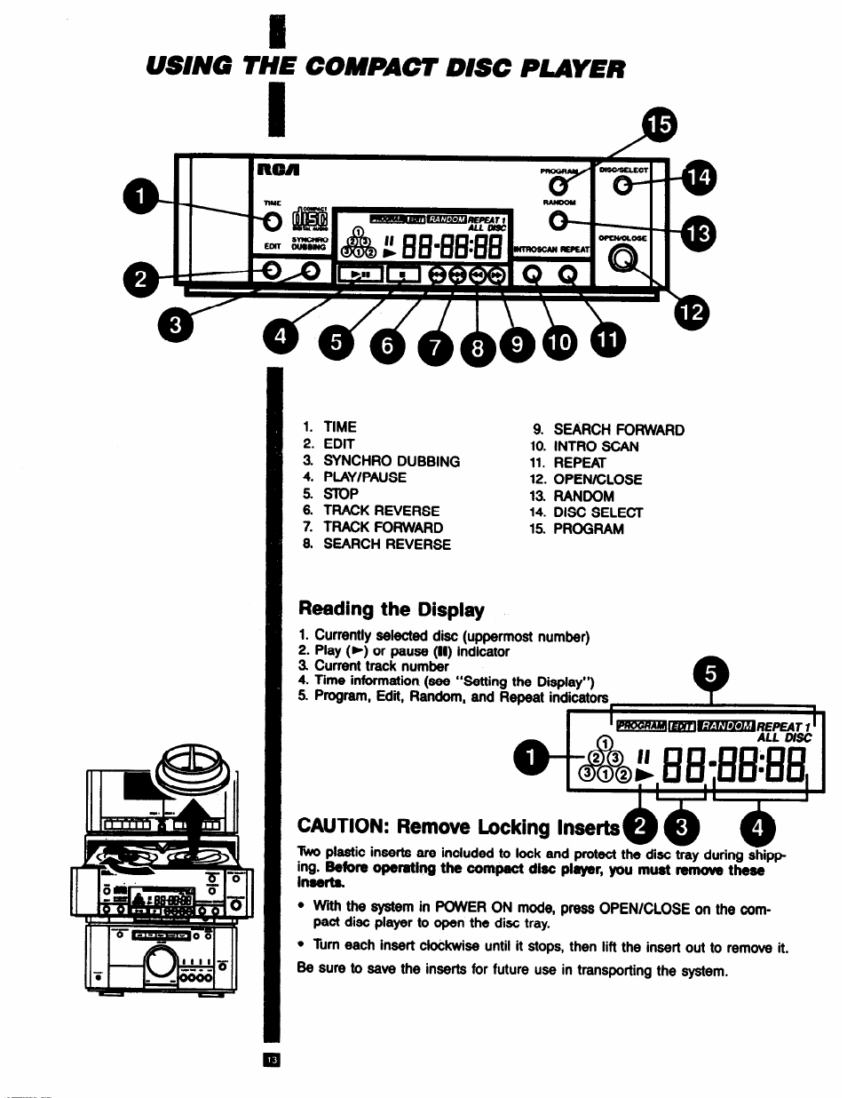 Reading the display, Caution: remove locking inserts, Asg| a i bg-flb=bb | Using the compact disc player | RCA RP-9753 User Manual | Page 13 / 32