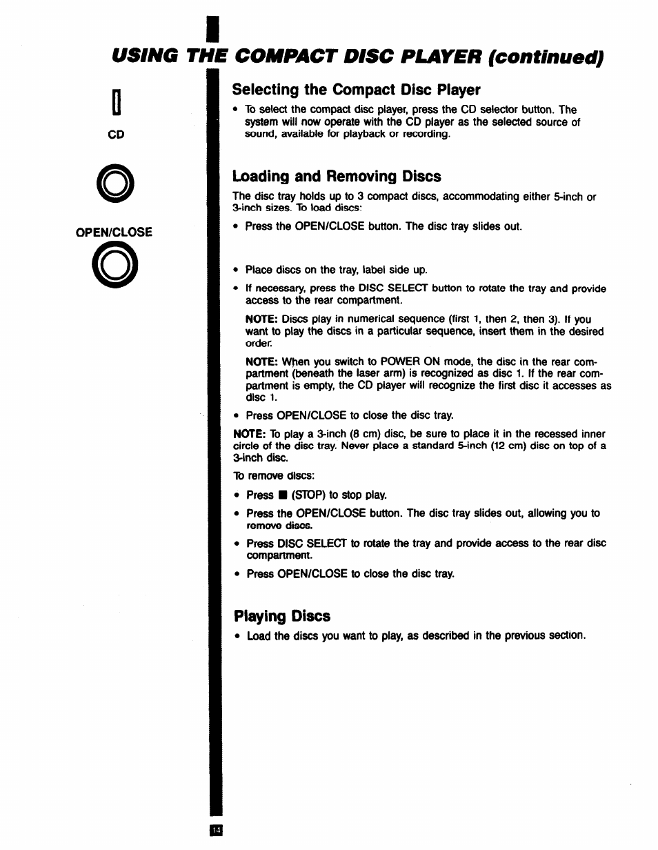 Selecting the compact disc player, Loading and removing discs, Playing discs | Using the compact disc player (continued) | RCA RP-9753 User Manual | Page 14 / 32