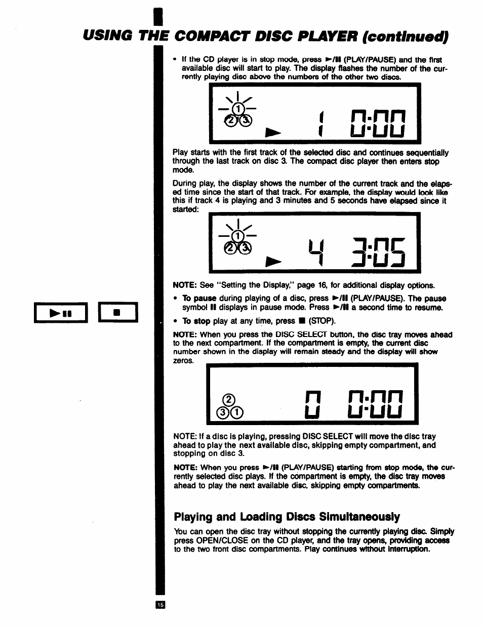 Playing and loading discs simuitaneously, Playing and loading discs simultaneously, Rr;n | I n-nn, U'uu, N n-nn ®© u u’uu, Using the compact usc player {continued) | RCA RP-9753 User Manual | Page 15 / 32