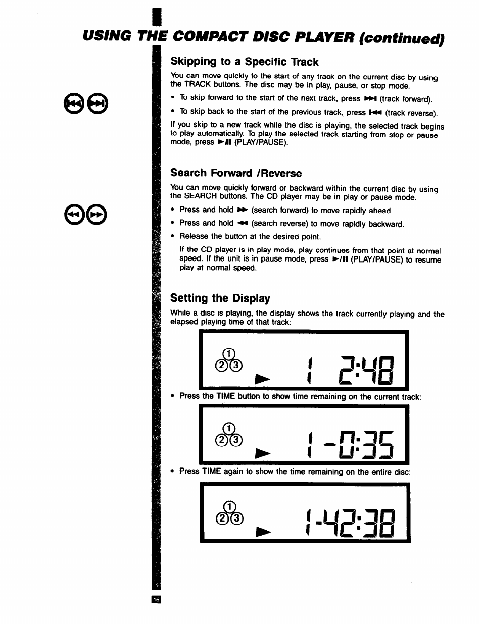 Skipping to a specific track, Search forward /reverse, Setting the display | U j - j p, I c - j o, Using the compact disc player (continued) | RCA RP-9753 User Manual | Page 16 / 32