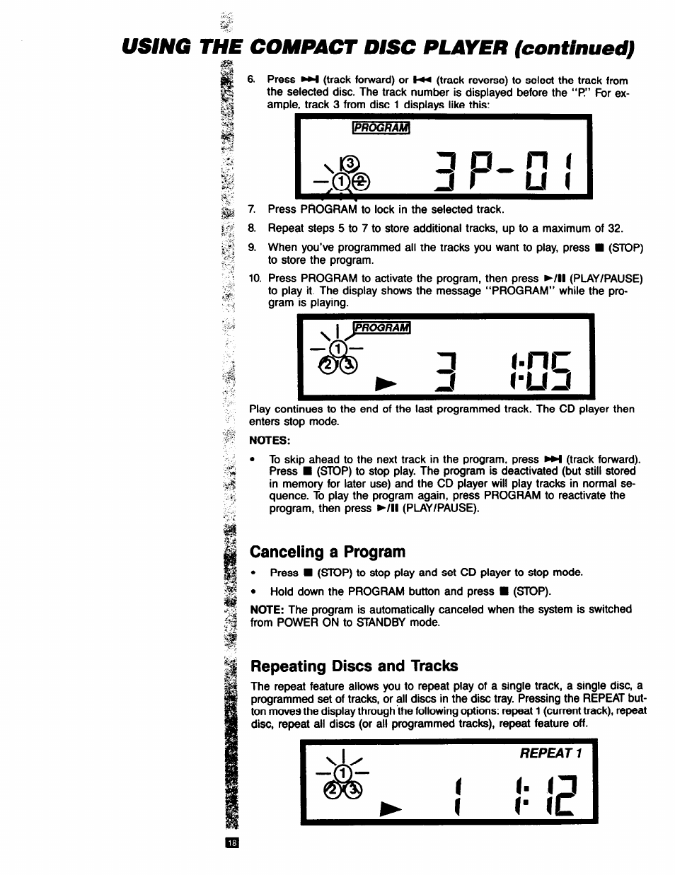 Canceling a program, Repeating discs and tracks, Using the compact disc player (continued) | RCA RP-9753 User Manual | Page 18 / 32