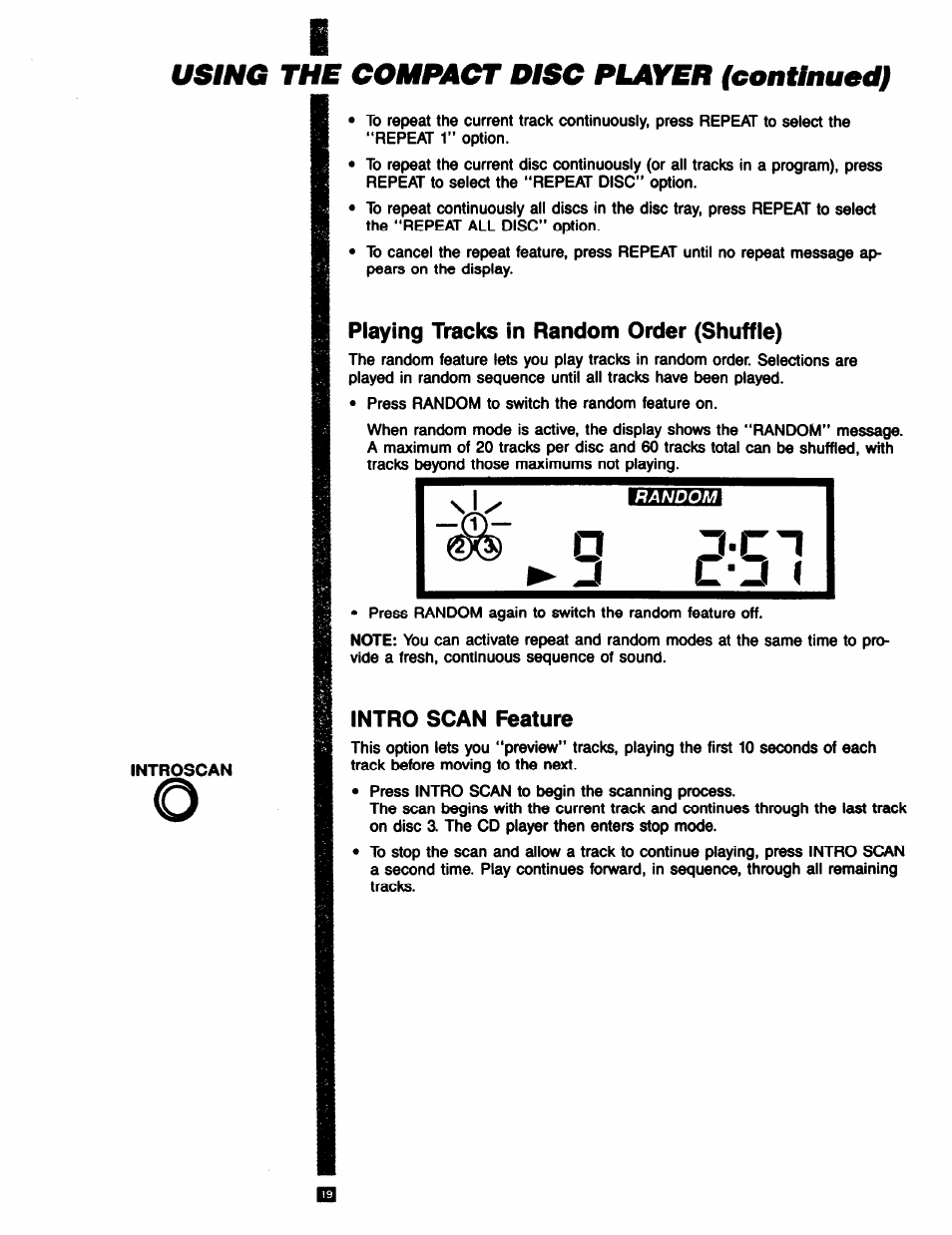 Playing tracks in random order (shuffle), Intro scan feature, Using the compact disc player (conunued) | RCA RP-9753 User Manual | Page 19 / 32