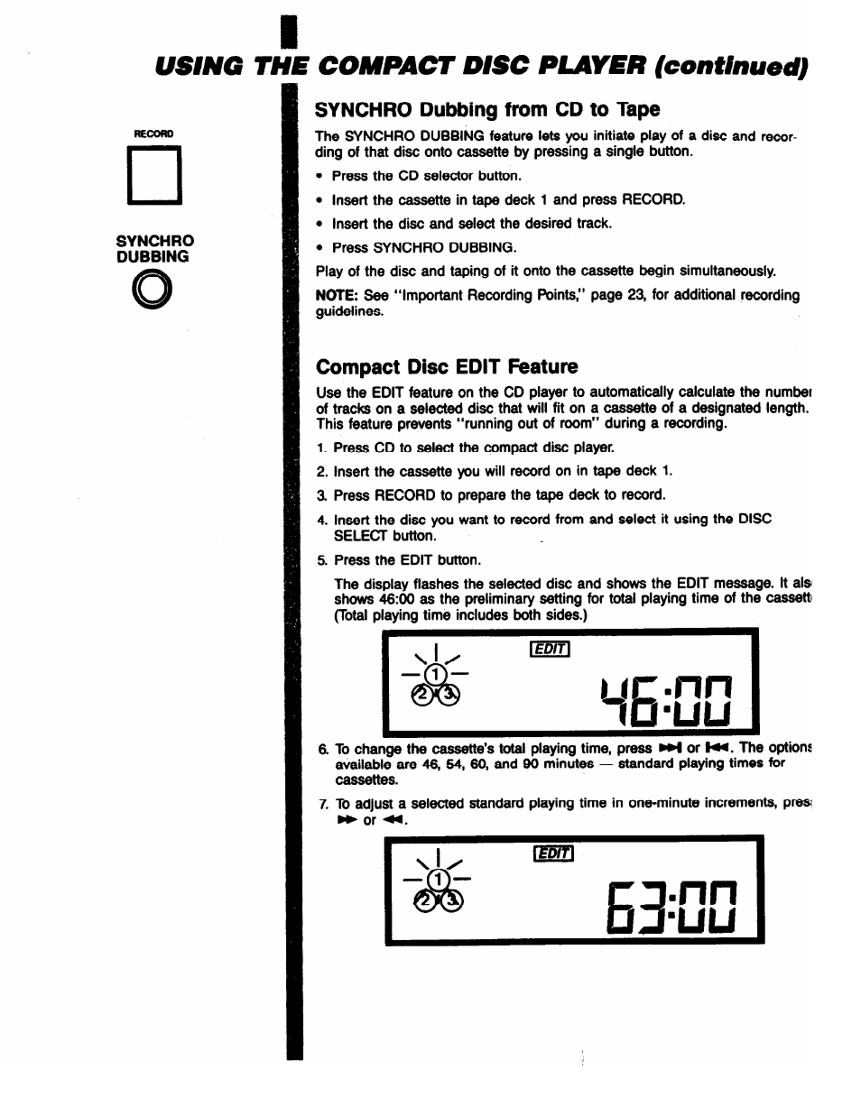 Synchro dubbing from cd to tape, Compact disc edit feature, Uc-nn | Lo-uu, Using the compact disc player (continued) | RCA RP-9753 User Manual | Page 20 / 32