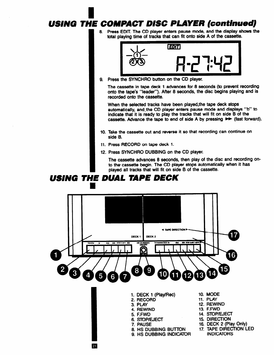 Using the dual tape deck, Using the compact disc player {eontinuedi | RCA RP-9753 User Manual | Page 21 / 32