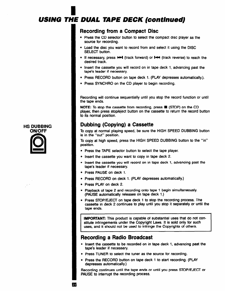 Recording from a compact disc, Dubbing (copying) a cassette, Recording a radio broadcast | Using the dual tape deck (continued) | RCA RP-9753 User Manual | Page 24 / 32