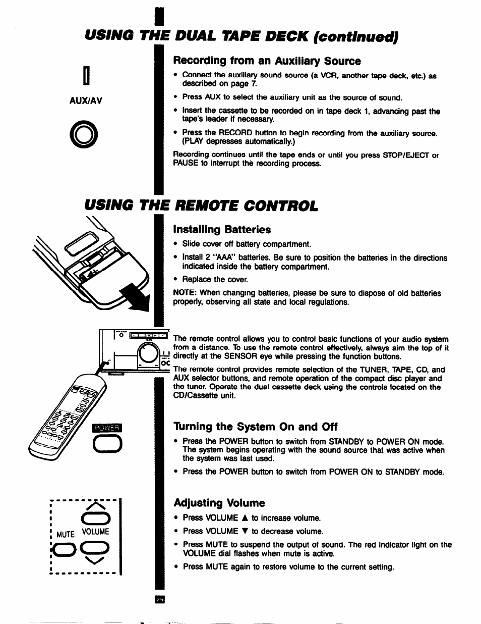 Recording from an auxiliary source, Using the remote control, Installing batteries | Turning the system on and off, Adjusting voiume, Usêng the dual tape deck (continued) | RCA RP-9753 User Manual | Page 25 / 32