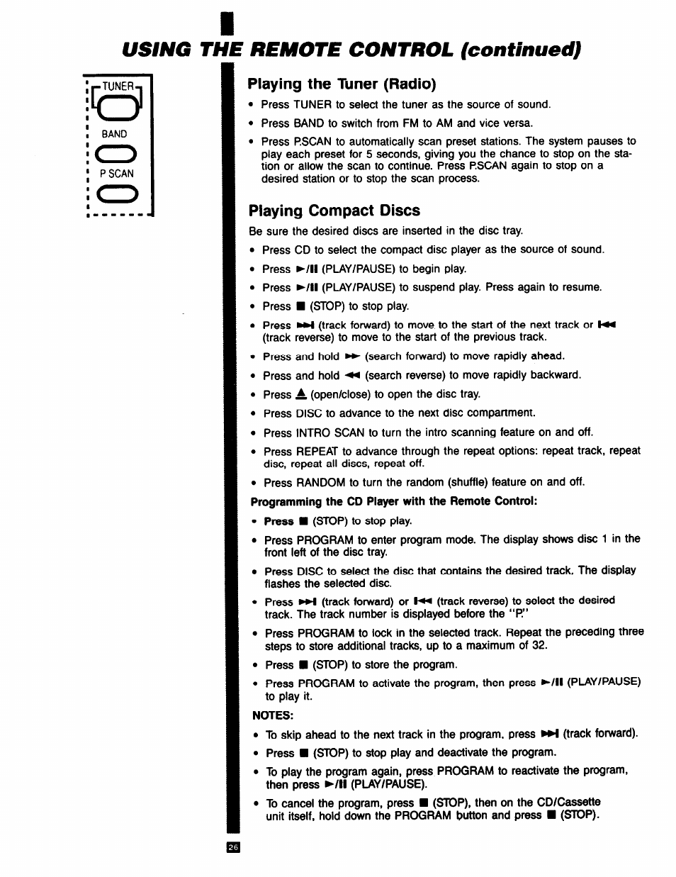 Using the remote control (continued), Playing the liiner (radio), Playing compact discs | Playing the tuner (radio) piaying compact discs | RCA RP-9753 User Manual | Page 26 / 32