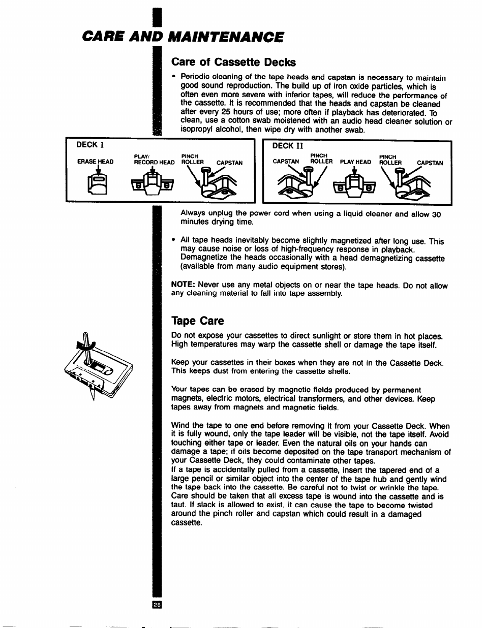 Care and maintenance, Care of cassane decks, Tape care | Care of cassette decks | RCA RP-9753 User Manual | Page 28 / 32