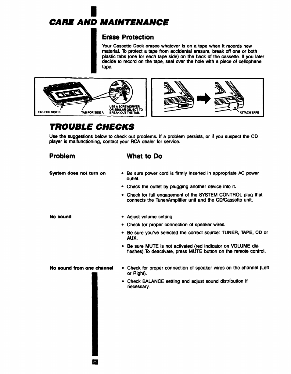 Care and maintenance, Erase protection, Trouble checks | Problem, What to do, Problem what to do | RCA RP-9753 User Manual | Page 29 / 32