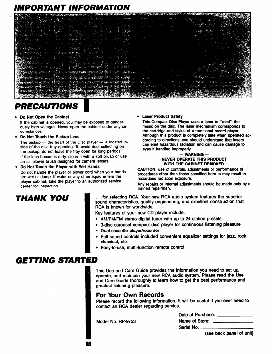 Precautions i, Getting started, For your own records | Precautions, Important information | RCA RP-9753 User Manual | Page 3 / 32