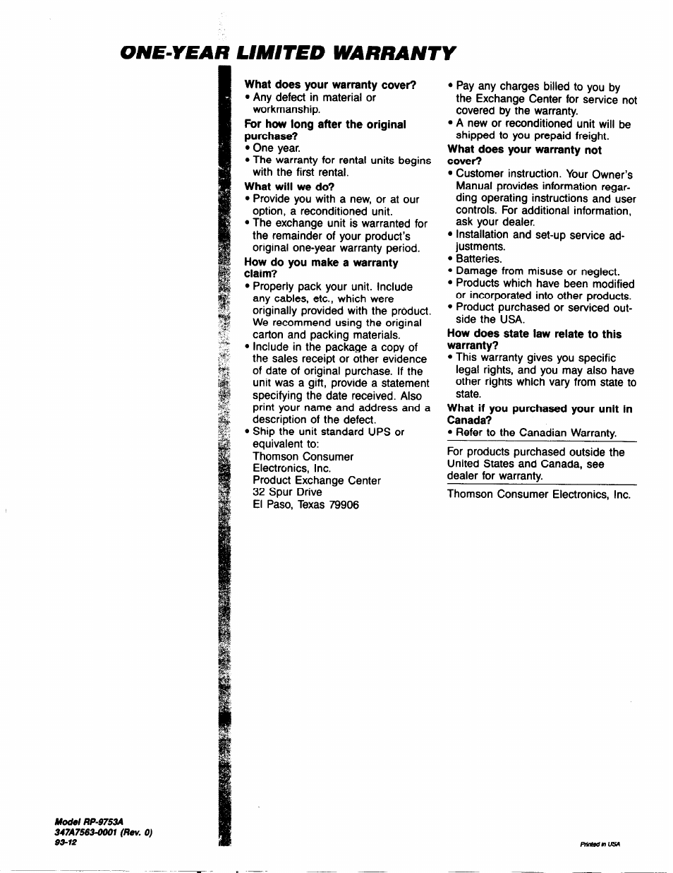 One-year limited warranty | RCA RP-9753 User Manual | Page 32 / 32
