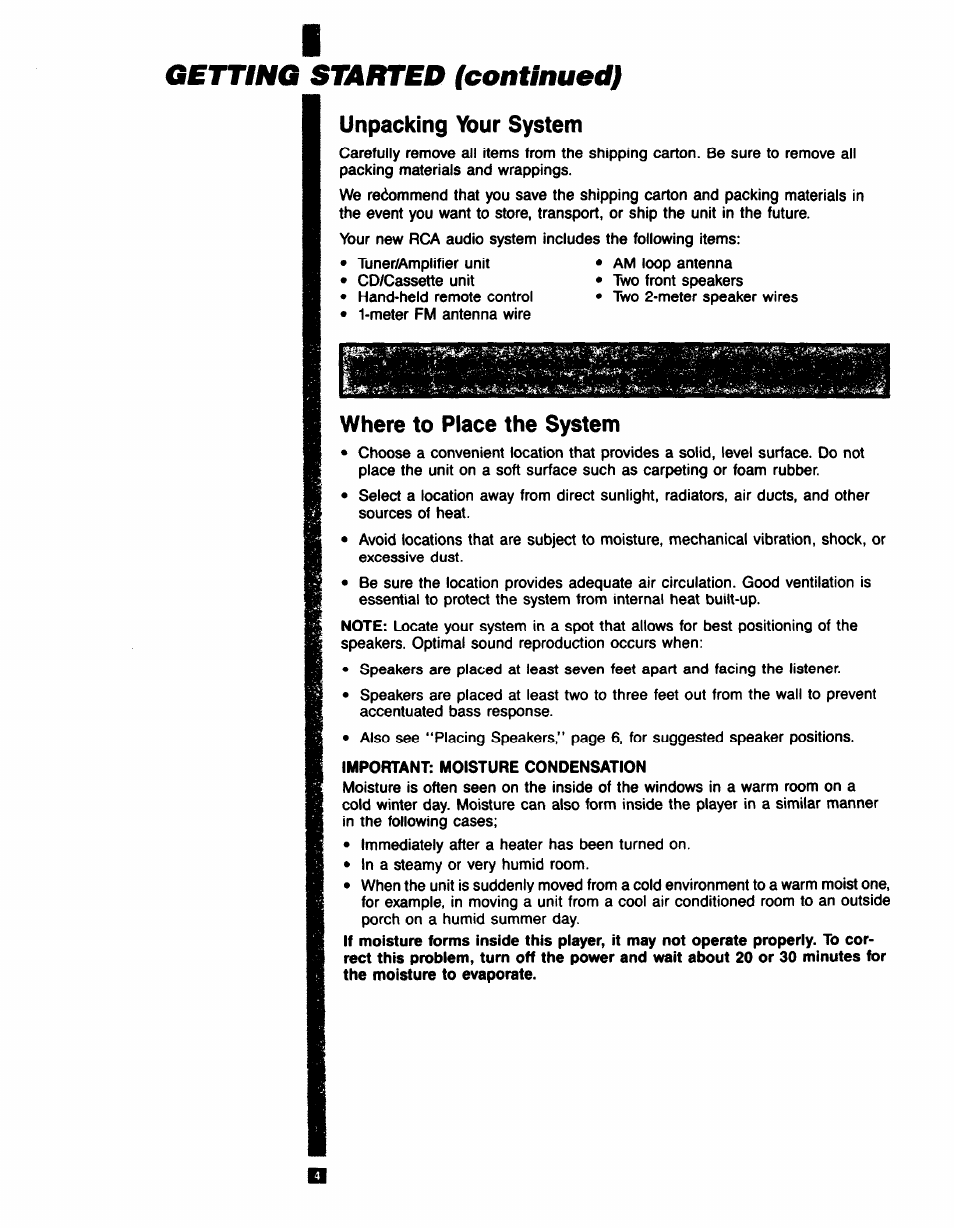 Getting started (continued), Unpacking ybur system, Where to place the system | Unpacking your system | RCA RP-9753 User Manual | Page 4 / 32