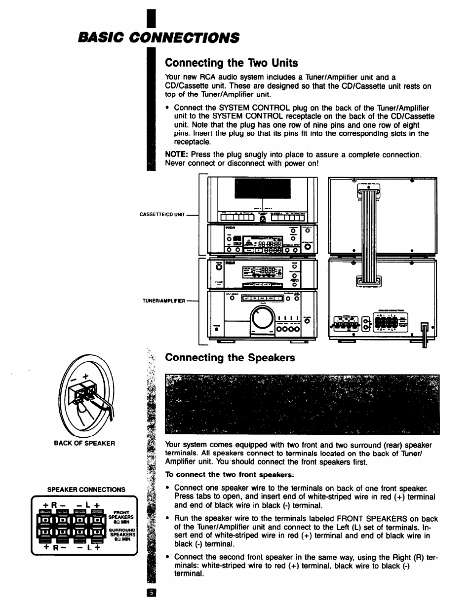 Basic connections, Connecting the two units, Connecting the speakers | Connecting speakers | RCA RP-9753 User Manual | Page 5 / 32