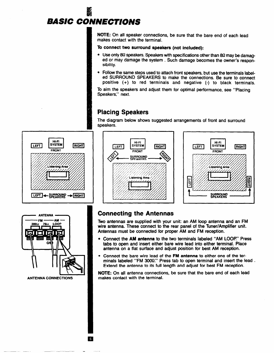 Basic connections, Placing speakers, Connecting the antennas | Placing speakers connecting the antenna | RCA RP-9753 User Manual | Page 6 / 32