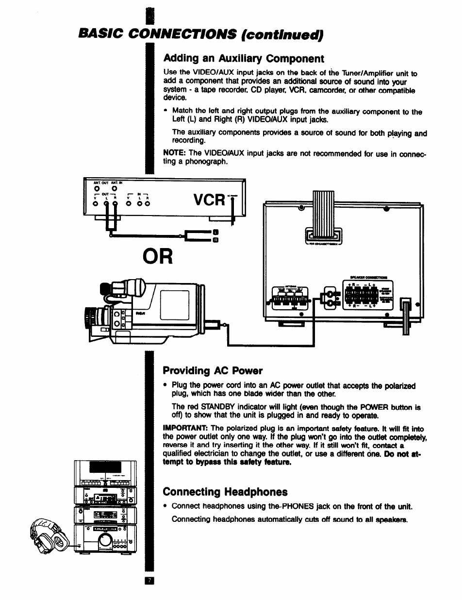 Basic connections (eontinued), Adding an auxiliary component, Providing ac power | Connecting headphones | RCA RP-9753 User Manual | Page 7 / 32