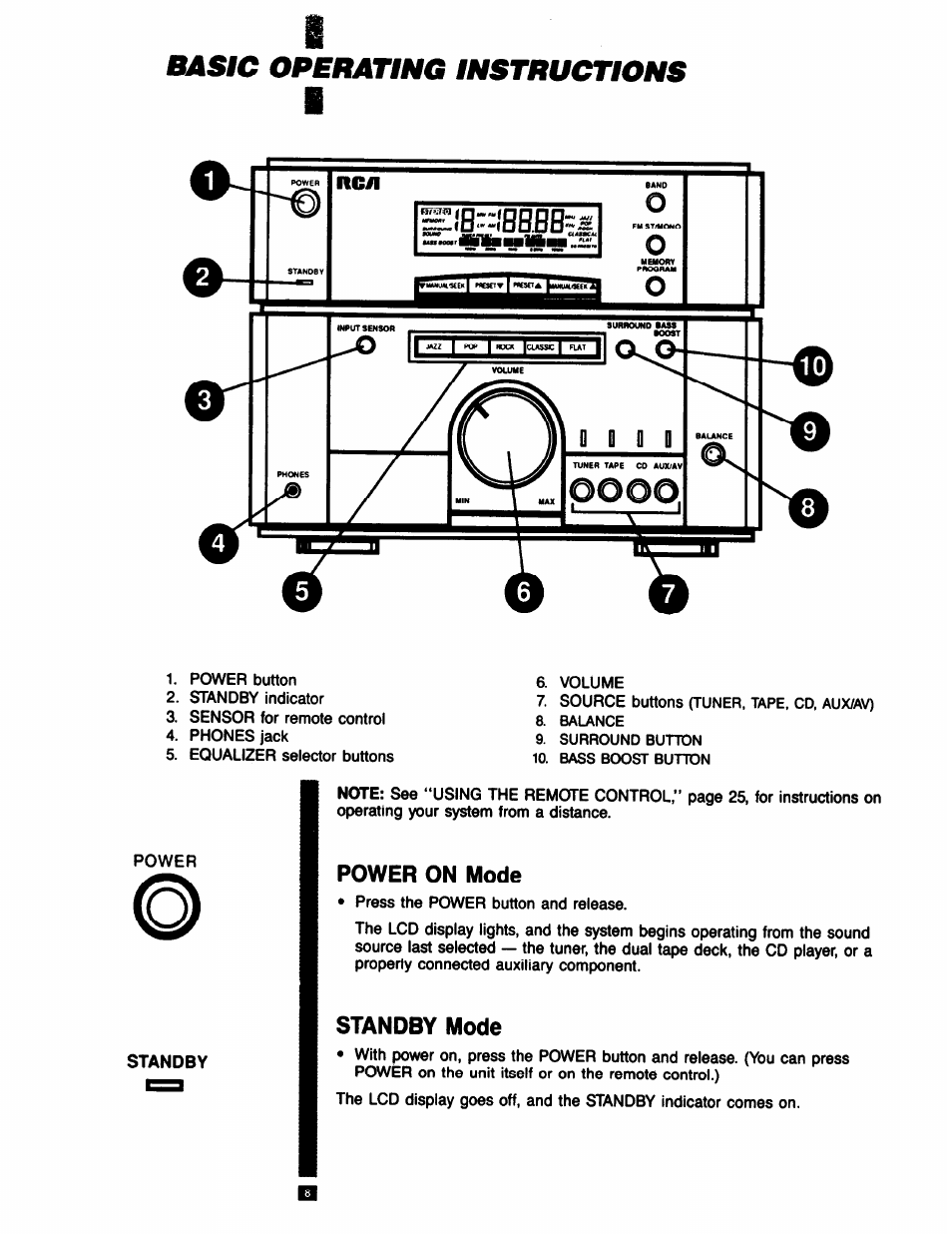 Basic operating instructions, Power on mode, Standby mode | Power on mode standby mode | RCA RP-9753 User Manual | Page 8 / 32